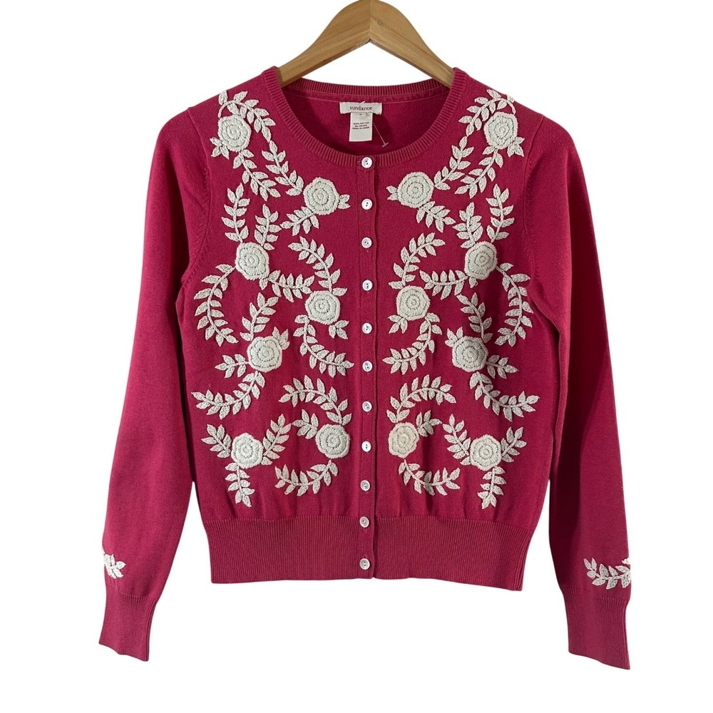 Sundance‎ Womens Cardigan Pink Cotton Floral Embroidered Button Front Size S